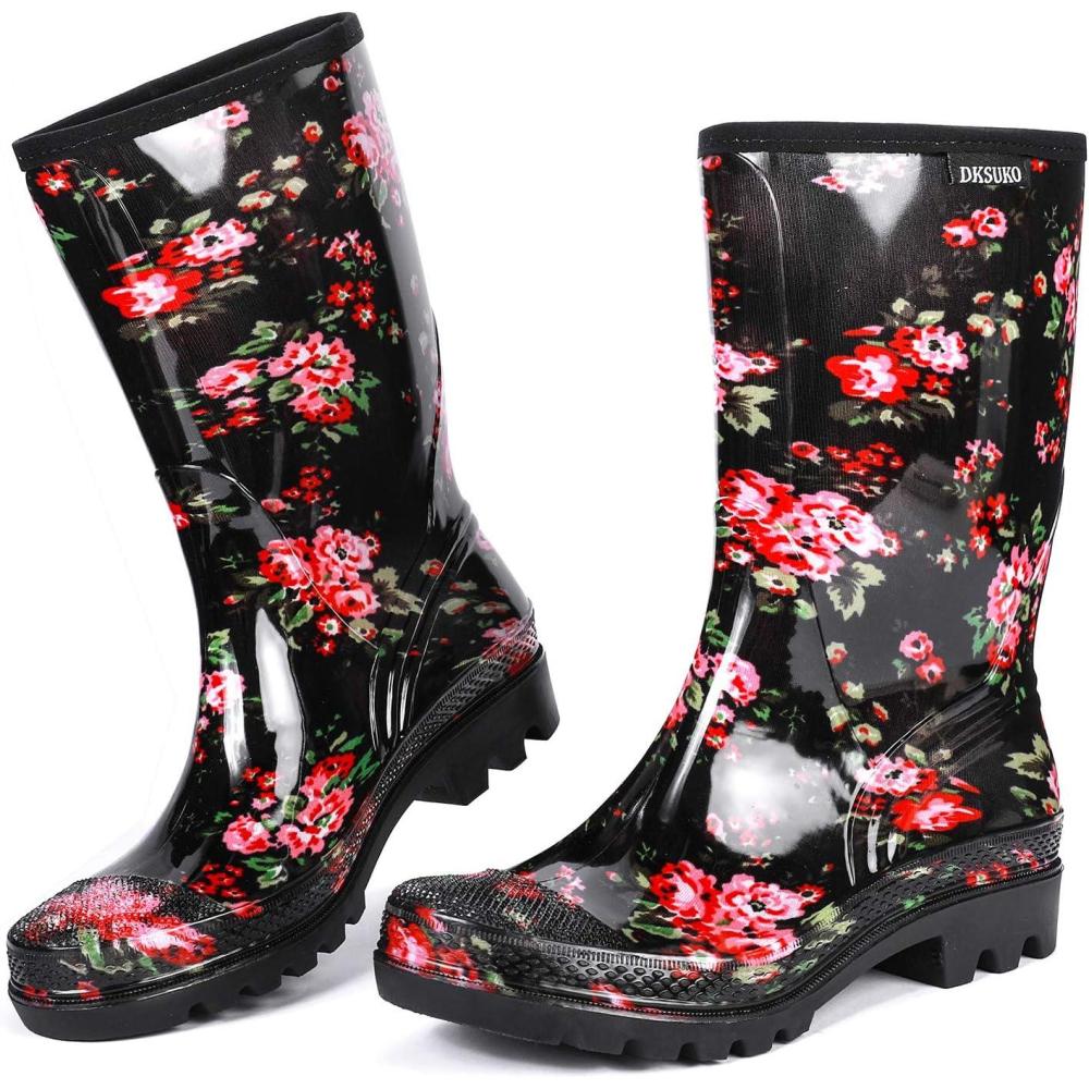 imageDKSUKO Waterproof Womens Rain Boots insulatedLightweight Rubber fashion Boots in GardeningWarm and Comfortable Wide Calf Rain Boots with Glossy in OutdoorFlower