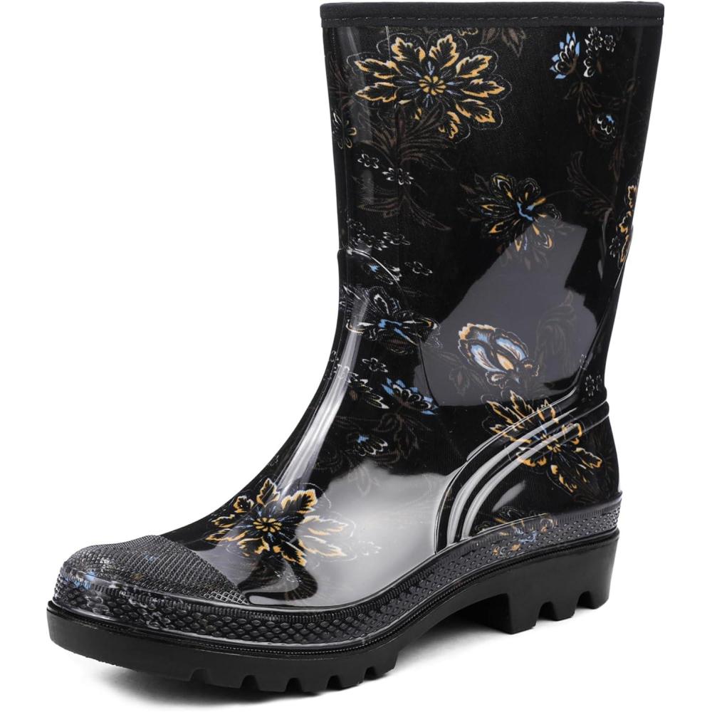 imageDKSUKO Waterproof Womens Rain Boots insulatedLightweight Rubber fashion Boots in GardeningWarm and Comfortable Wide Calf Rain Boots with Glossy in OutdoorBlack Yellow Flower