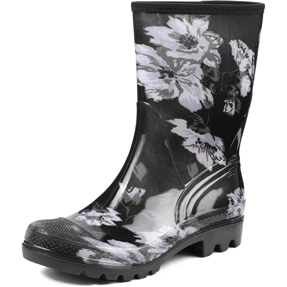 imageDKSUKO Waterproof Womens Rain Boots insulatedLightweight Rubber fashion Boots in GardeningWarm and Comfortable Wide Calf Rain Boots with Glossy in OutdoorWhite Flower