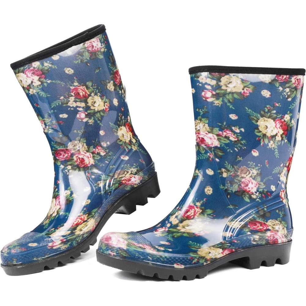 imageDKSUKO Waterproof Womens Rain Boots insulatedLightweight Rubber fashion Boots in GardeningWarm and Comfortable Wide Calf Rain Boots with Glossy in OutdoorBlue White Flower