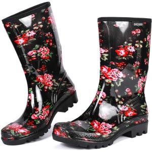 DKSUKO Waterproof Womens Rain Boots insulated,Lightweight Rubber fashion Boots in Gardening,Warm and Comfortable Wide Calf Rain Boots with Glossy in Outdoor(Flower)