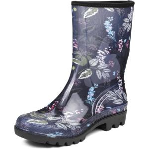DKSUKO Waterproof Womens Rain Boots insulated,Lightweight Rubber fashion Boots in Gardening,Warm and Comfortable Wide Calf Rain Boots with Glossy in Outdoor(Blue Flower)