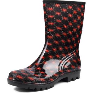DKSUKO Waterproof Womens Rain Boots insulated,Lightweight Rubber fashion Boots in Gardening,Warm and Comfortable Wide Calf Rain Boots with Glossy in Outdoor(Flower Grid)