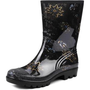 DKSUKO Waterproof Womens Rain Boots insulated,Lightweight Rubber fashion Boots in Gardening,Warm and Comfortable Wide Calf Rain Boots with Glossy in Outdoor(Black Yellow Flower)