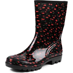 DKSUKO Waterproof Womens Rain Boots insulated,Lightweight Rubber fashion Boots in Gardening,Warm and Comfortable Wide Calf Rain Boots with Glossy in Outdoor(Red Flower)