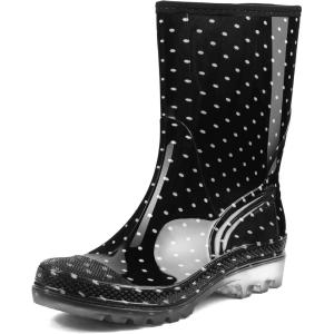DKSUKO Waterproof Womens Rain Boots insulated,Lightweight Rubber fashion Boots in Gardening,Warm and Comfortable Wide Calf Rain Boots with Glossy in Outdoor(Black White Dot)