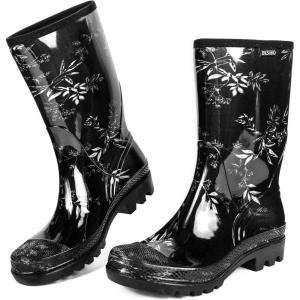 DKSUKO Waterproof Womens Rain Boots insulated,Lightweight Rubber fashion Boots in Gardening,Warm and Comfortable Wide Calf Rain Boots with Glossy in Outdoor(Leaves)