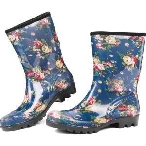 DKSUKO Waterproof Womens Rain Boots insulated,Lightweight Rubber fashion Boots in Gardening,Warm and Comfortable Wide Calf Rain Boots with Glossy in Outdoor(Blue White Flower)