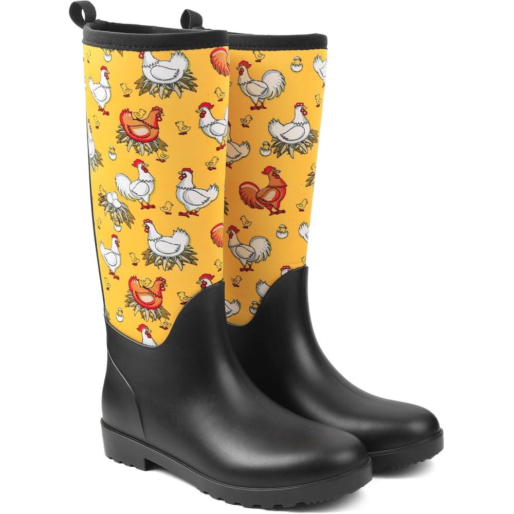 imageDKSUKO Women Rain Boots WaterproofRubber Short Mid Calf Pull on Snow Mud ShoesRain Bootyellow Chicken