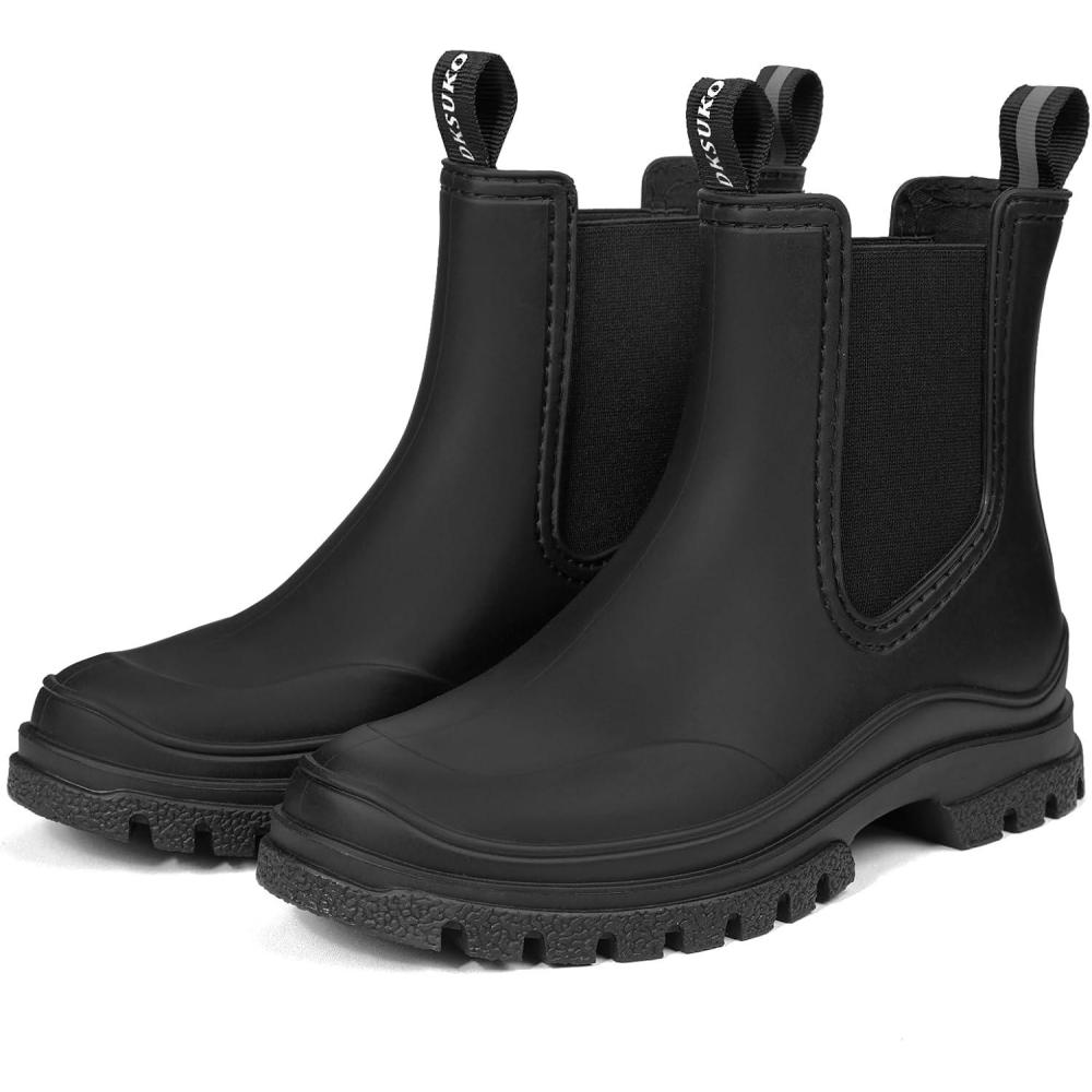 imageDKSUKO Womens Short Rain Boots Rubber Waterproof Garden Boots Elastic Slip On Ankle Chelsea Boot Fashion Insulated Rain Shoe for Outdoor Work Thick SoleBlack