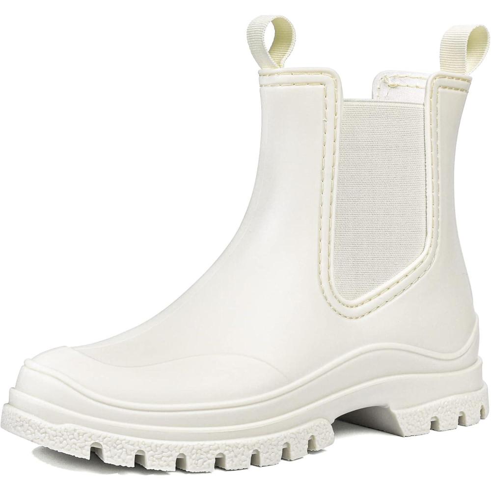 imageDKSUKO Womens Short Rain Boots Rubber Waterproof Garden Boots Elastic Slip On Ankle Chelsea Boot Fashion Insulated Rain Shoe for Outdoor Work Thick SoleMatte White