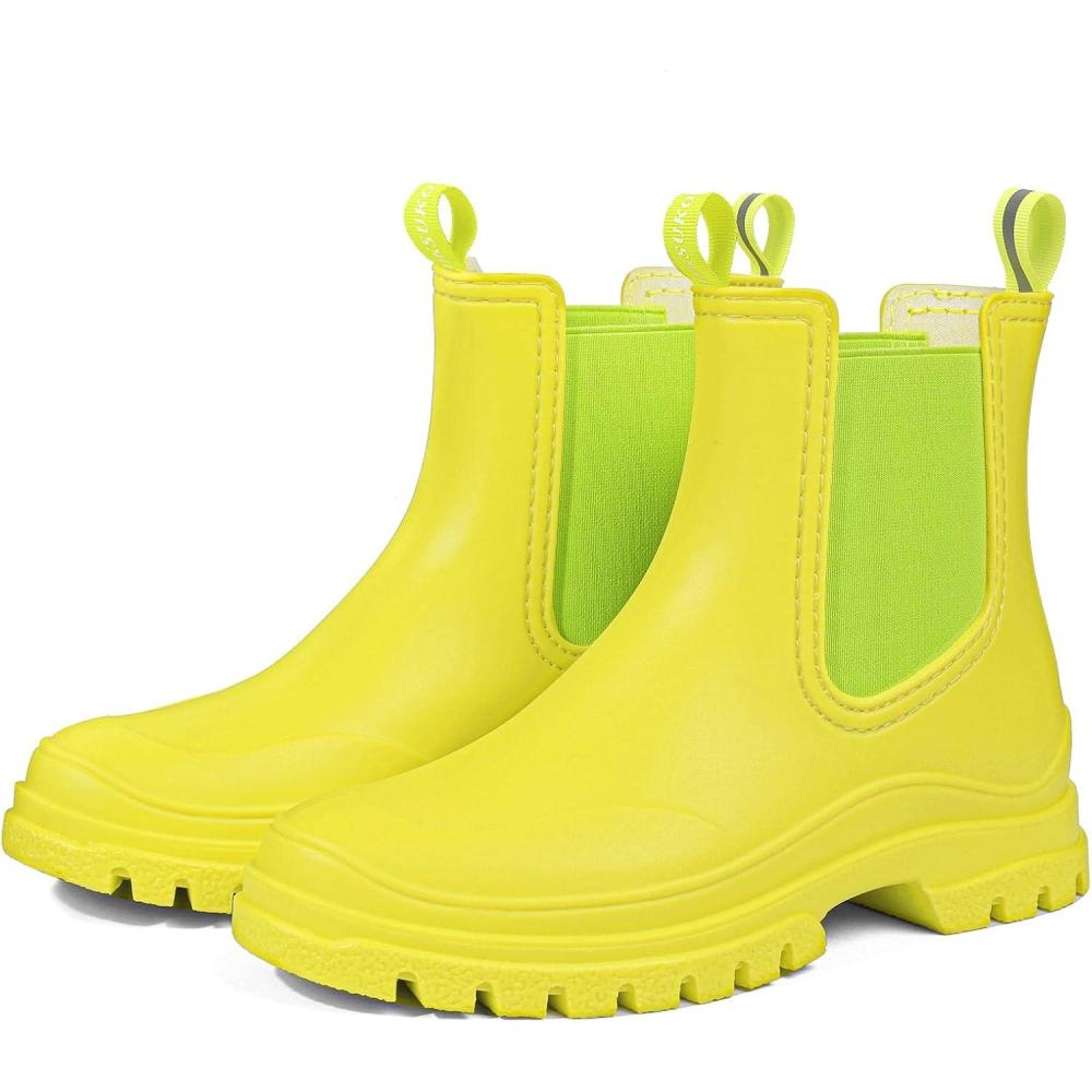 imageDKSUKO Womens Short Rain Boots Rubber Waterproof Garden Boots Elastic Slip On Ankle Chelsea Boot Fashion Insulated Rain Shoe for Outdoor Work Thick SoleFluorescent Green