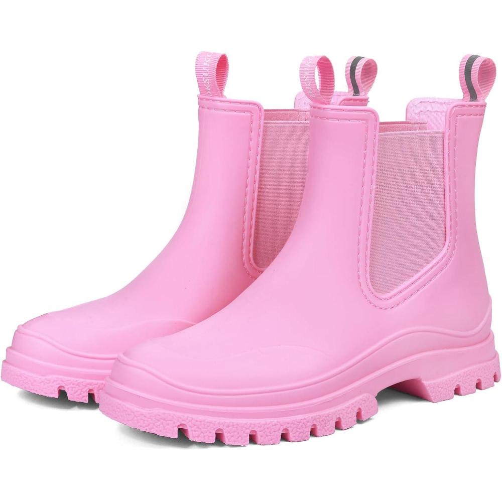 imageDKSUKO Womens Short Rain Boots Rubber Waterproof Garden Boots Elastic Slip On Ankle Chelsea Boot Fashion Insulated Rain Shoe for Outdoor Work Thick SolePink