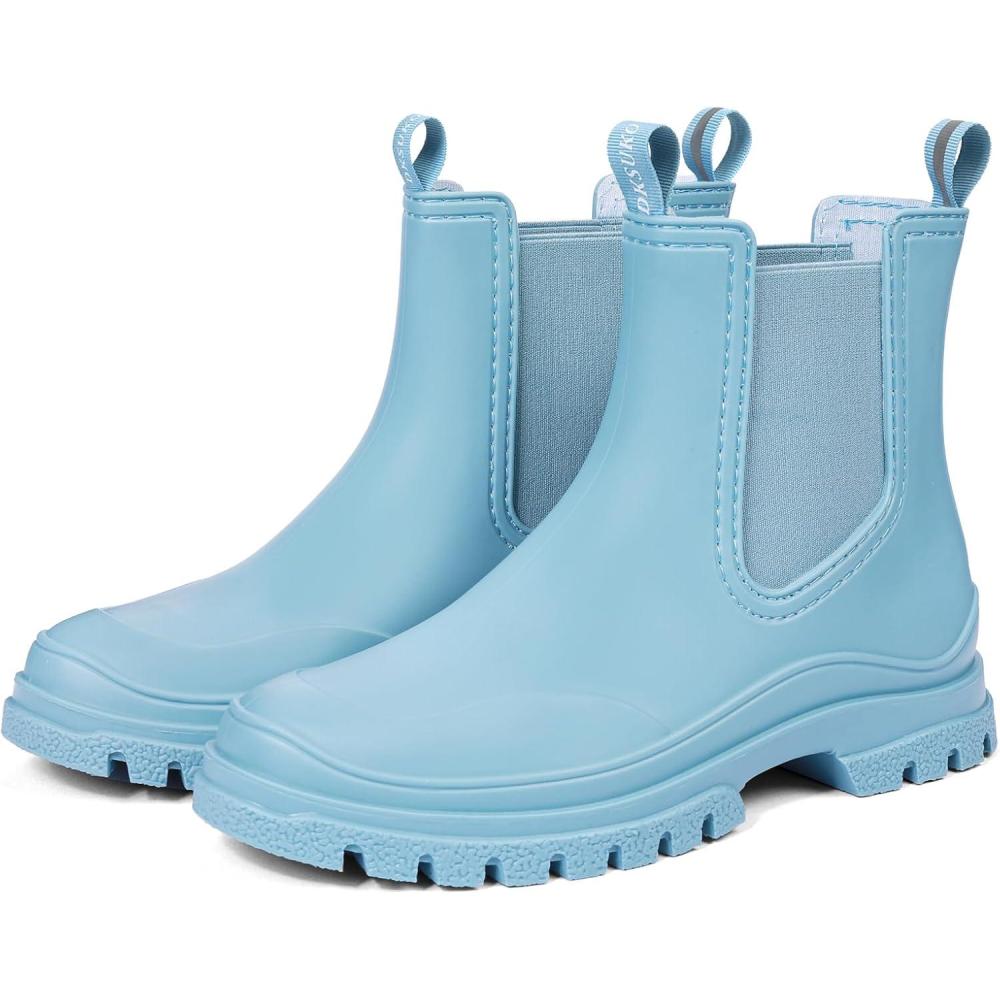 imageDKSUKO Womens Short Rain Boots Rubber Waterproof Garden Boots Elastic Slip On Ankle Chelsea Boot Fashion Insulated Rain Shoe for Outdoor Work Thick SoleSky Blue