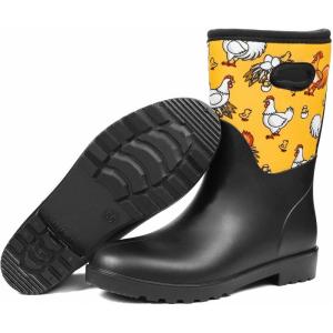 DKSUKO Women Rain Boots Waterproof,Rubber Short Mid Calf Pull on Snow Mud Shoes(Yellow Hen Handle)