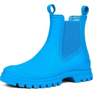 DKSUKO Women’s Short Rain Boots Rubber Waterproof Garden Boots Elastic Slip On Ankle Chelsea Boot Fashion Insulated Rain Shoe for Outdoor Work Thick Sole(Royal Blue)