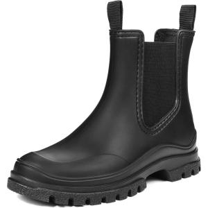DKSUKO Women’s Short Rain Boots Rubber Waterproof Garden Boots Elastic Slip On Ankle Chelsea Boot Fashion Insulated Rain Shoe for Outdoor Work Thick Sole(Dark)