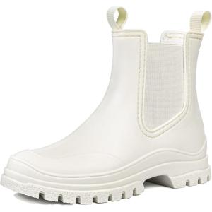 DKSUKO Women’s Short Rain Boots Rubber Waterproof Garden Boots Elastic Slip On Ankle Chelsea Boot Fashion Insulated Rain Shoe for Outdoor Work Thick Sole(Matte White)