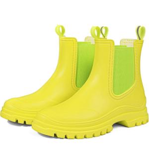 DKSUKO Women’s Short Rain Boots Rubber Waterproof Garden Boots Elastic Slip On Ankle Chelsea Boot Fashion Insulated Rain Shoe for Outdoor Work Thick Sole(Fluorescent Green)