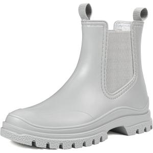 DKSUKO Women’s Short Rain Boots Rubber Waterproof Garden Boots Elastic Slip On Ankle Chelsea Boot Fashion Insulated Rain Shoe for Outdoor Work Thick Sole(Matte Gray)