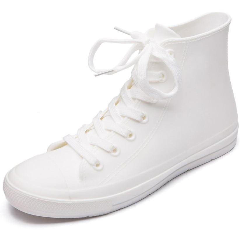 imageDKSUKO Womens Rain Boots Waterproof High Top Rain Shoes with Lace Up AntiSlip Garden ShoesWhite