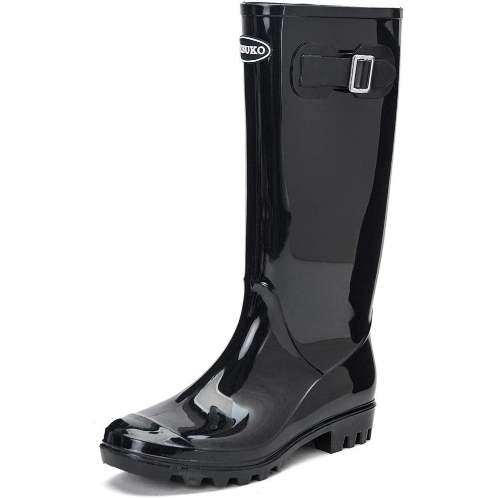 imageDKSUKO Womens Tall Rain Boots Garden Boots Waterproof Wellington Rubber BootsBright Black