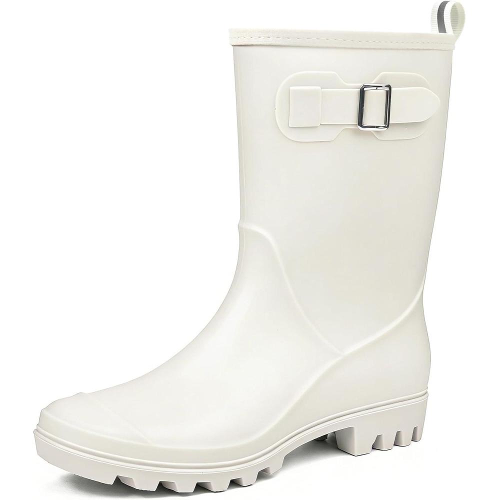 imageDKSUKO Womens Waterproof MidCalf Rain Boots Antislipping Garden Shoes Lightweigh Rubber Boots Comfortable Rain ShoesMatte White