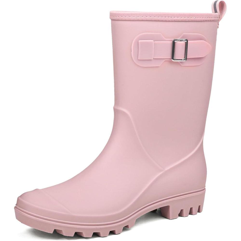 imageDKSUKO Womens Waterproof MidCalf Rain Boots Antislipping Garden Shoes Lightweigh Rubber Boots Comfortable Rain ShoesPink