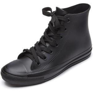 DKSUKO Women’s Rain Boots Waterproof High Top Rain Shoes with Lace Up Anti-Slip Garden Shoes(Black)