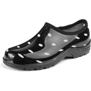 DKSUKO Waterproof Garden Shoe for Women Outdoor Slip-On Rain Boots Short Ankle Work Shoes and Garden Clogs with Comfort Insole(Black and Big White Dot)