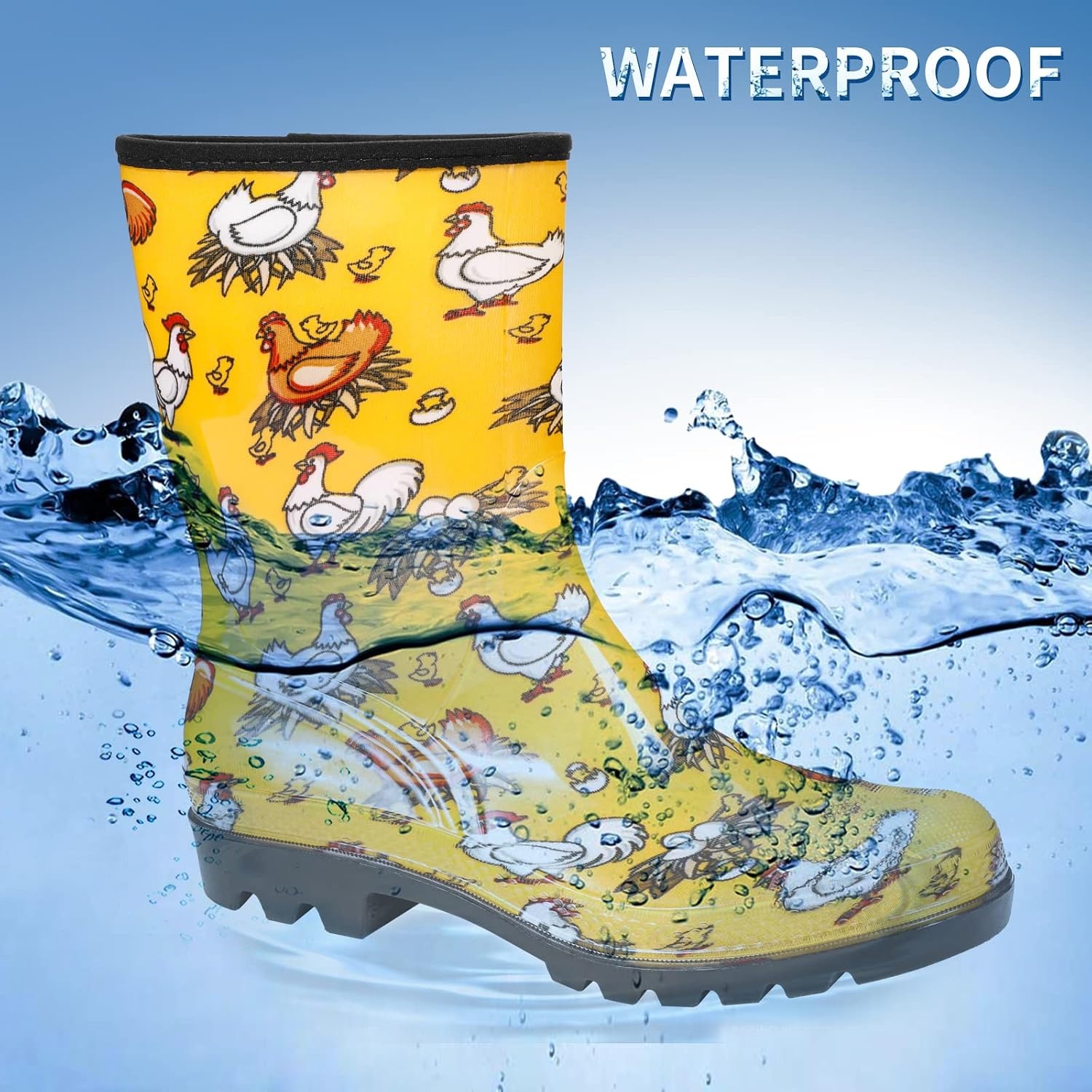 image:imageDKSUKO Waterproof Womens Rain Boots insulatedLightweight Rubber fashion Boots in GardeningWarm and Comfortable Wide Calf Rain Boots with Glossy in Outdoor Chicken Yellow 9