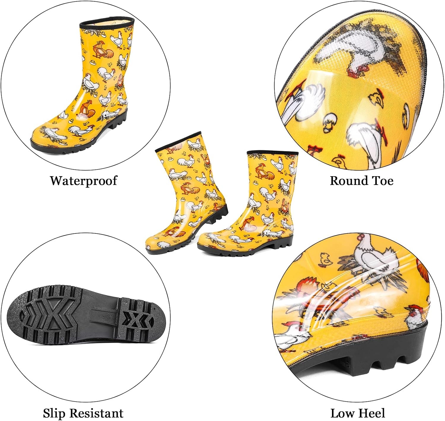 image:imageDKSUKO Waterproof Womens Rain Boots insulatedLightweight Rubber fashion Boots in GardeningWarm and Comfortable Wide Calf Rain Boots with Glossy in Outdoor Chicken Yellow 9